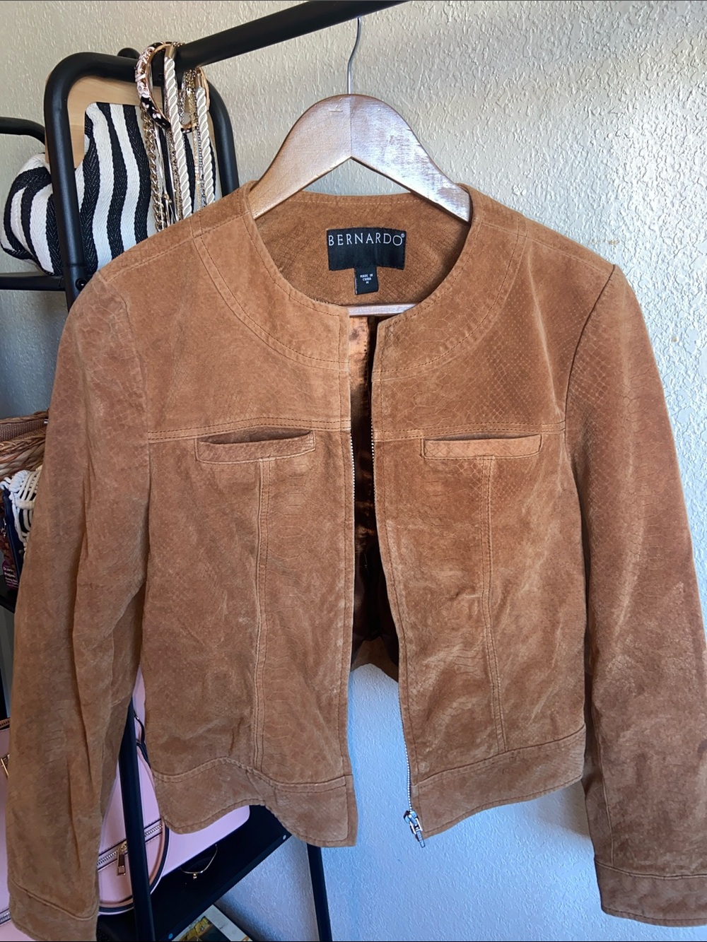 Bernardo Camel Suede Collarless Zip Jacket